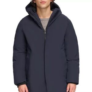 Navy Blue DKNY Puffer Jacket with Hood and Quilted Design